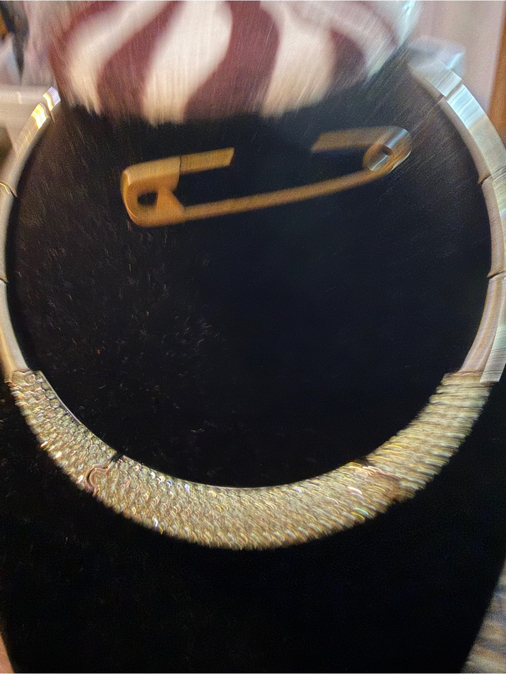 Silver tone Textured Collar Necklace with green rhinestone- Women Jewelry